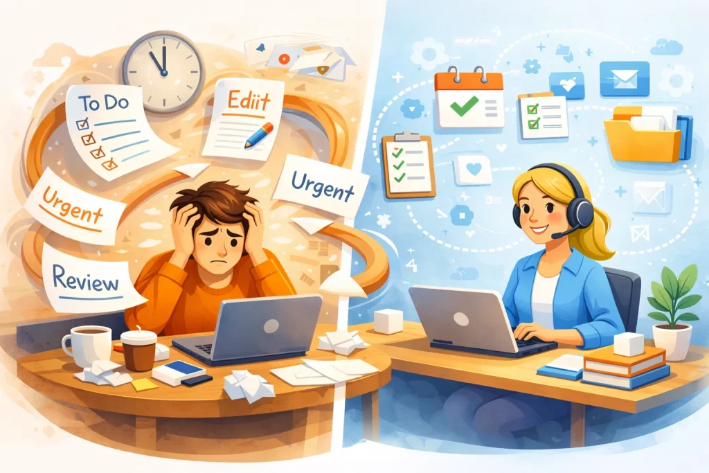 Ilustracja przedstawiająca pracę zespołu marketingowego przy analizie danych i zarządzaniu zadaniami, pokazująca uporządkowane delegowanie zadań w agencji marketingowej
