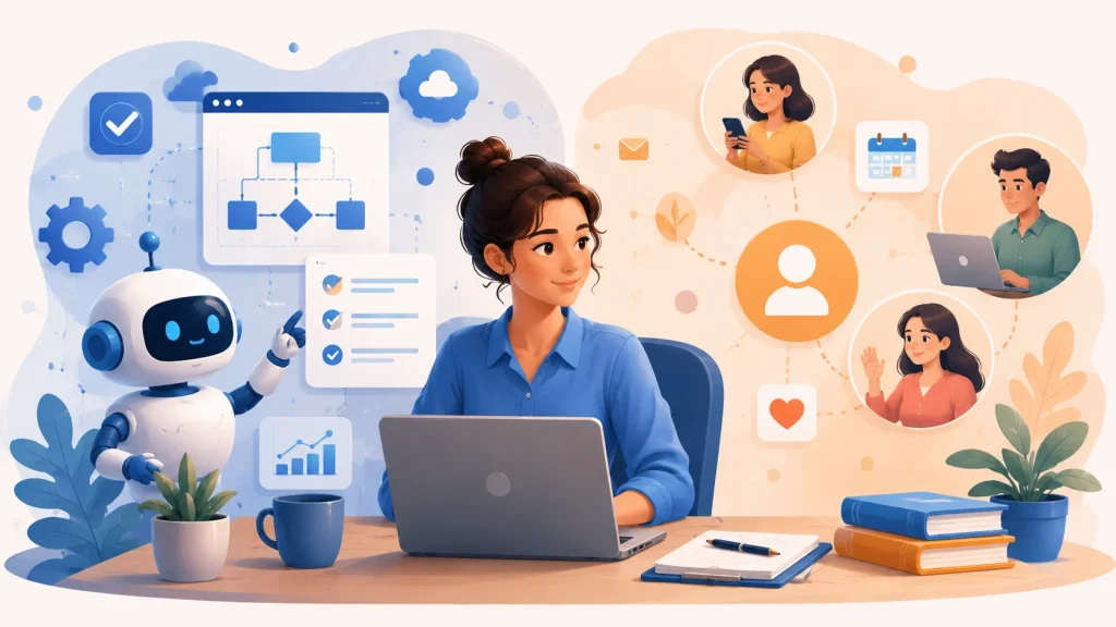 Human-in-the-loop operations z udziałem wirtualnego asystenta, AI i automatyzacji procesów biznesowych.